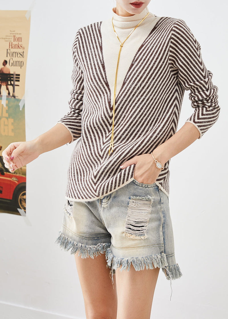 Beige Turtle Neck Striped Silm Fit Knit Sweater Winter