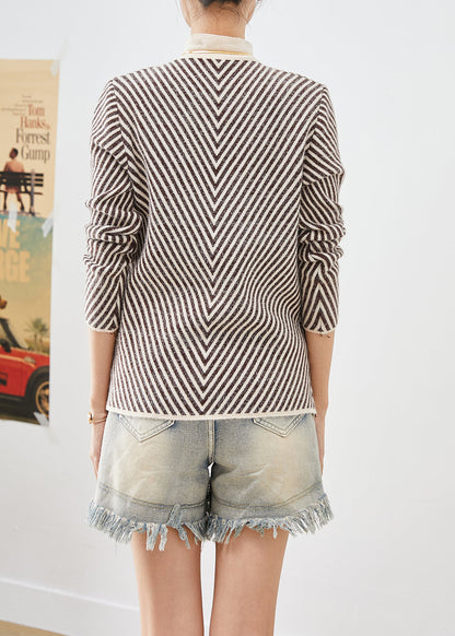 Beige Turtle Neck Striped Silm Fit Knit Sweater Winter