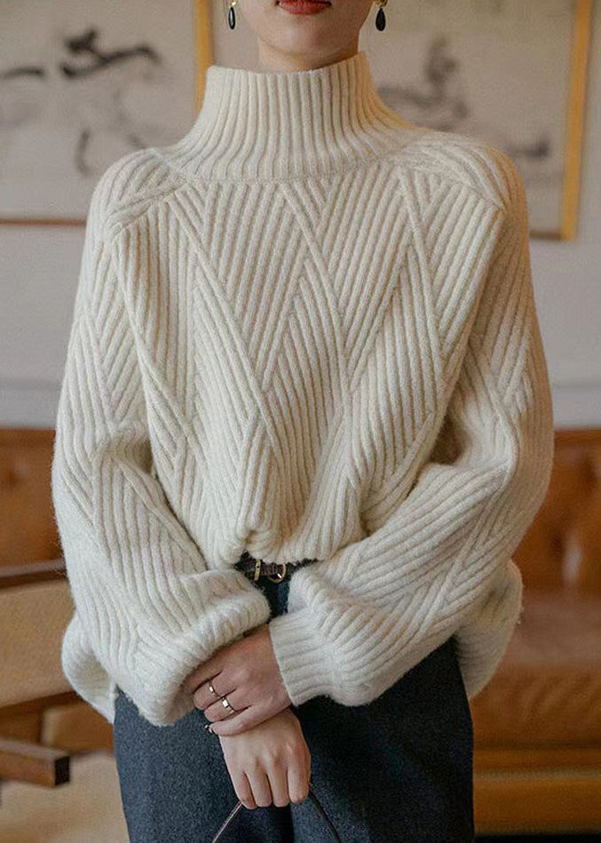 Beige Turtleneck Cozy Cotton Knit Sweaters Fall