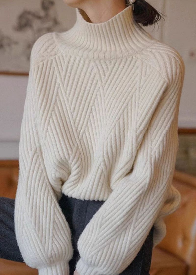 Beige Turtleneck Cozy Cotton Knit Sweaters Fall