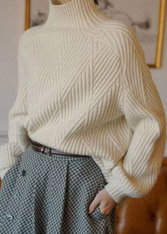Beige Turtleneck Cozy Cotton Knit Sweaters Fall