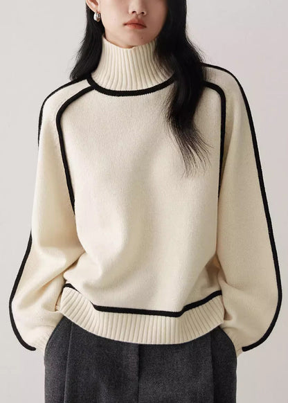 Beige Turtleneck Cozy Patchwork Knit Sweater Spring