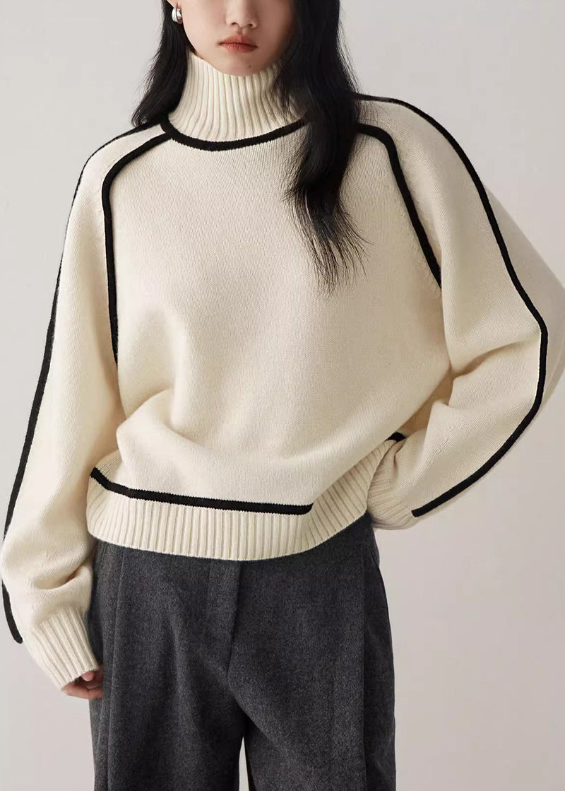 Beige Turtleneck Cozy Patchwork Knit Sweater Spring