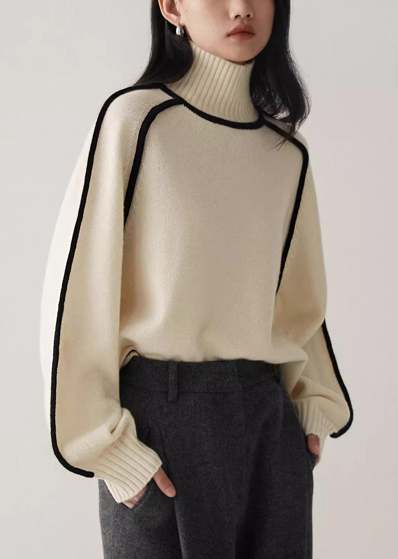 Beige Turtleneck Cozy Patchwork Knit Sweater Spring