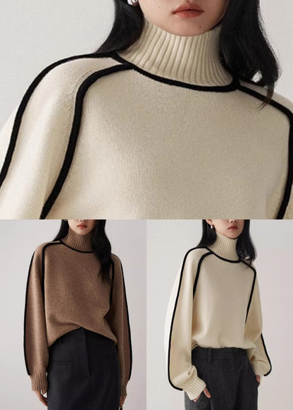 Beige Turtleneck Cozy Patchwork Knit Sweater Spring