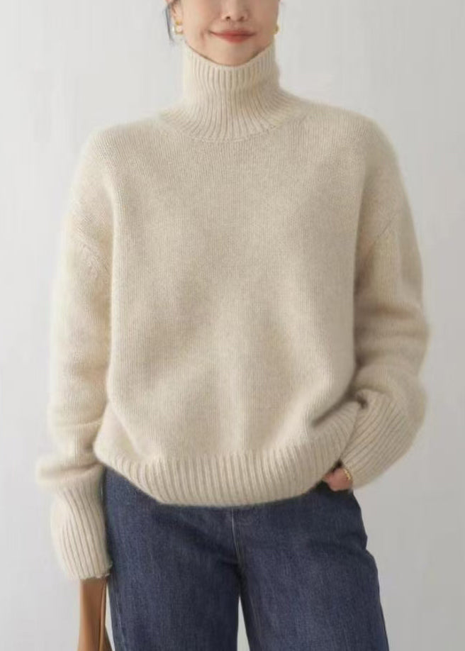 Beige Turtleneck Knit Sweater Winter