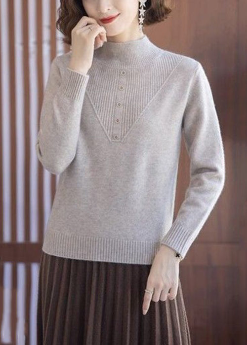 Beige Turtleneck Wool Knit Tops Long Sleeve