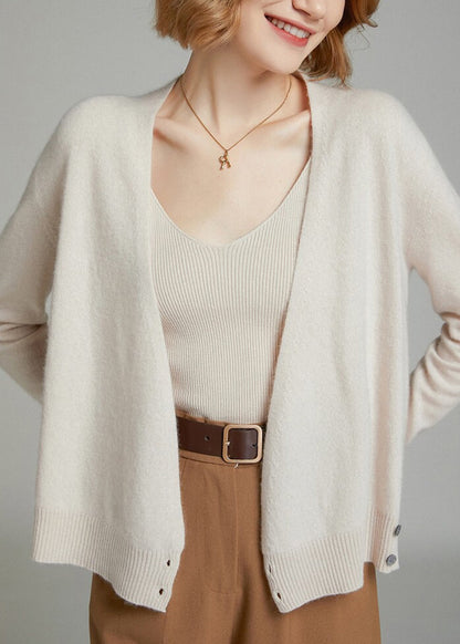 Beige V Neck Button Patchwork Woolen Knit Cardigan Fall