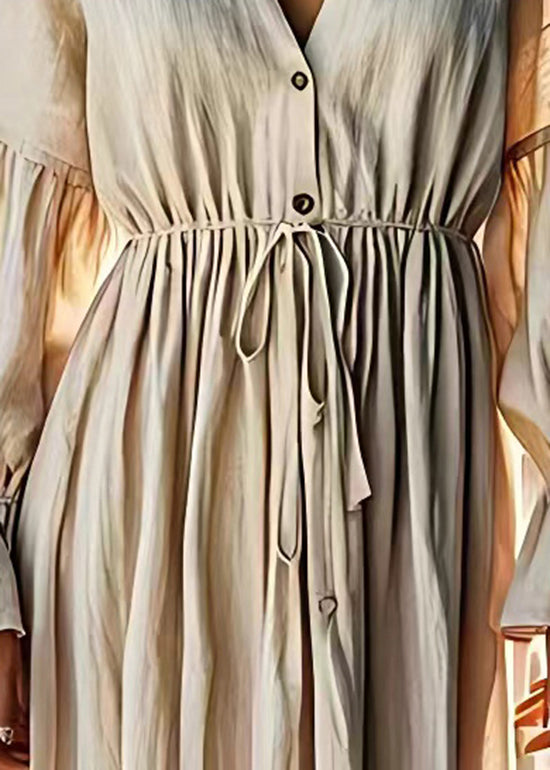 Beige V Neck Drawstring Linen Dress Flare Sleeve