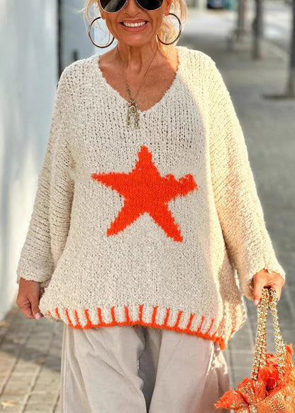 Beige V Neck Hollow Out Knit Sweaters Spring
