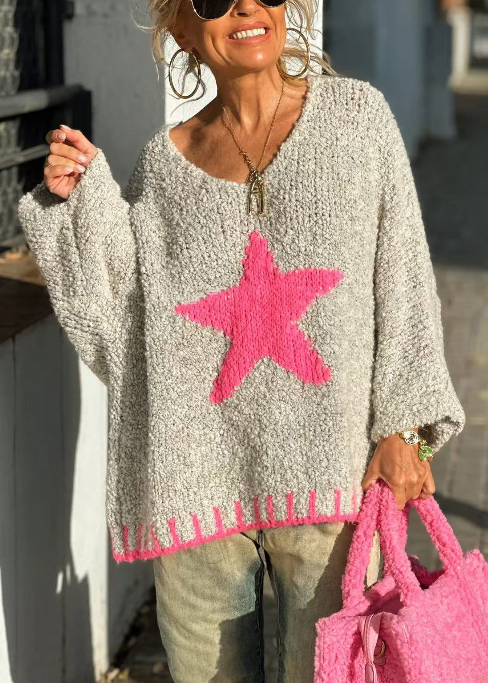 Beige V Neck Hollow Out Knit Sweaters Spring