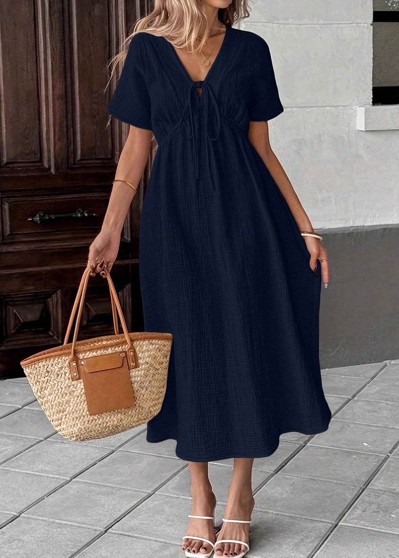 Beige V Neck Lace Up Patchwork Cotton Dress Summer