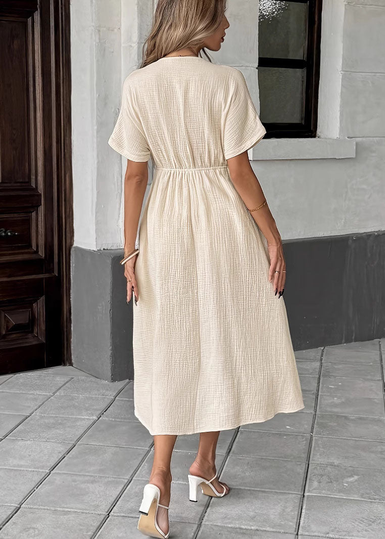 Beige V Neck Lace Up Patchwork Cotton Dress Summer