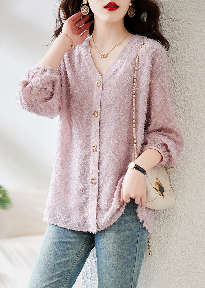 Beige V Neck Letter Cotton Blouses Spring