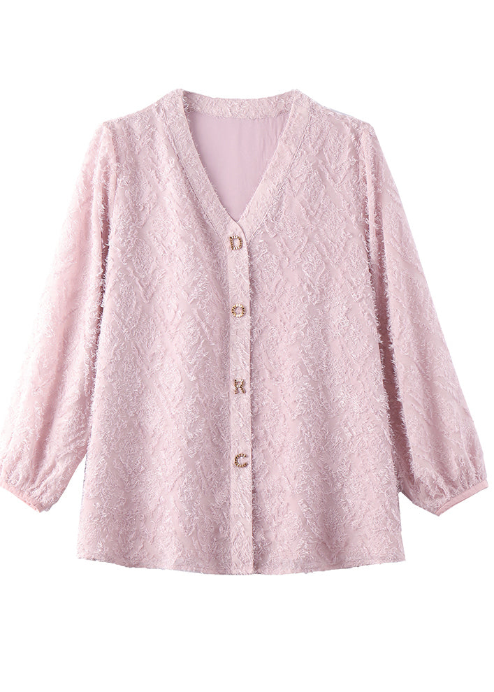 Beige V Neck Letter Cotton Blouses Spring