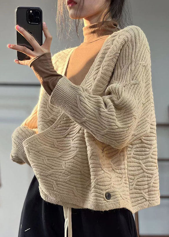 Beige V Neck Oversized Original Design Knit Sweater Winter
