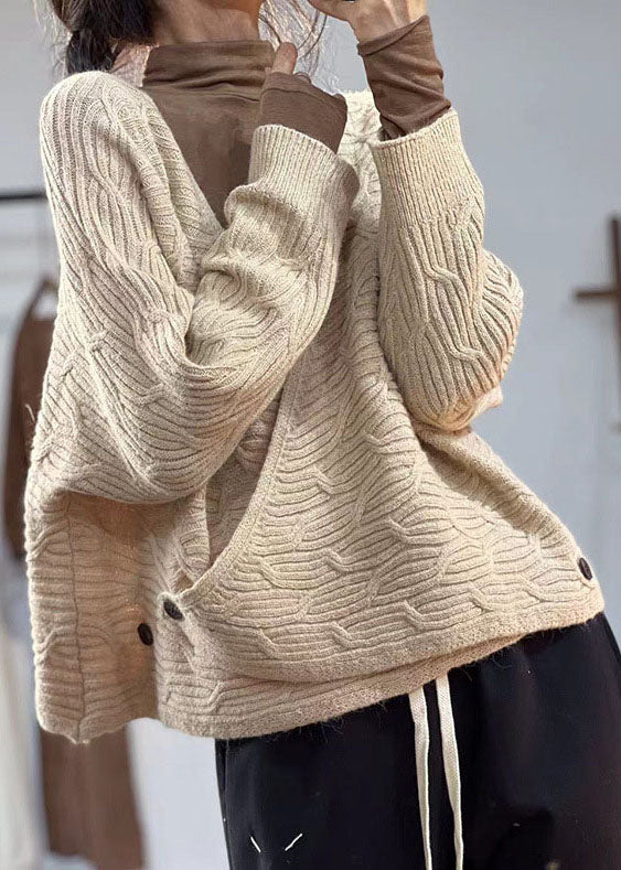 Beige V Neck Oversized Original Design Knit Sweater Winter