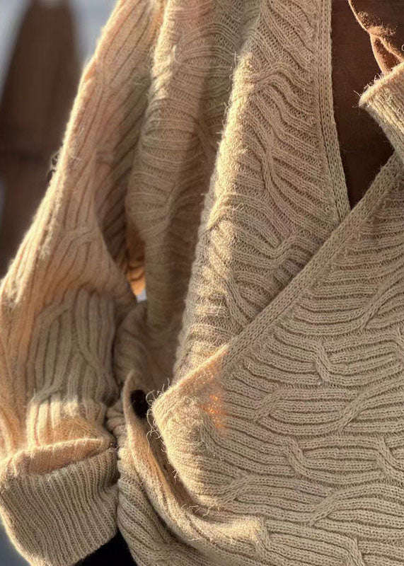 Beige V Neck Oversized Original Design Knit Sweater Winter