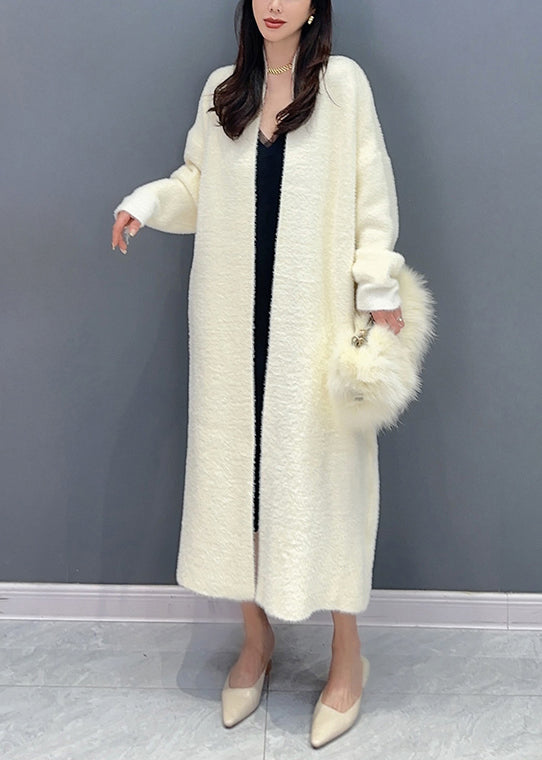 Beige V Neck Patchwork Mink Hair Knitted Loose Cardigan Fall