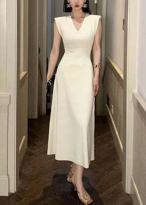 Beige V Neck Cotton Long Dresses Sleeveless