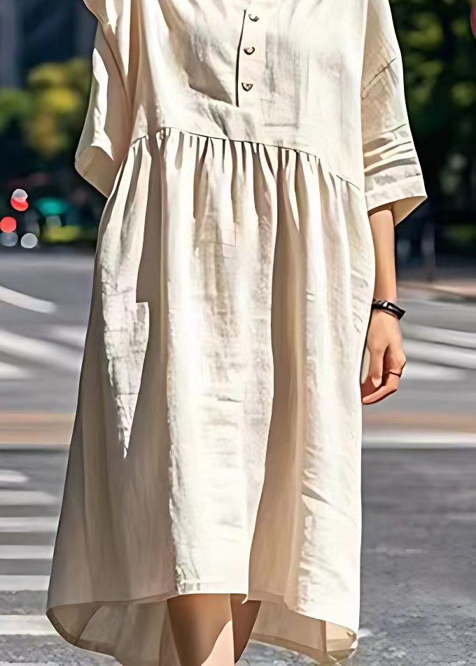 Beige V Neck Wrinkled Patchwork Linen Dresses Summer