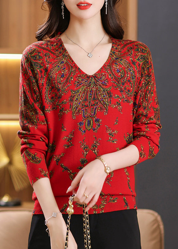 Beige V Neck Zircon Print Woolen Sweater Tops Spring