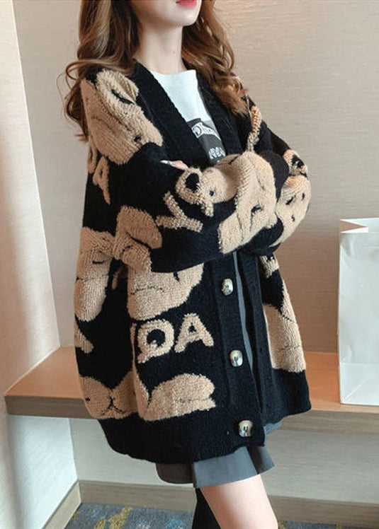 Black Animal Letter Button Cotton Knit Coat Long Sleeve