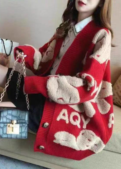 Black Animal Letter Button Cotton Knit Coat Long Sleeve