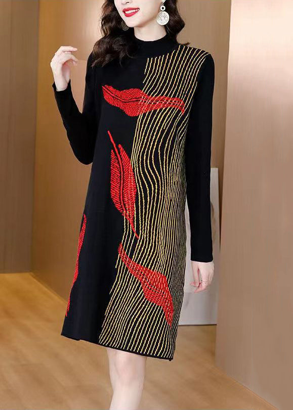 Black Asymmetrical Cozy Cotton Knit Mid Dress Winter