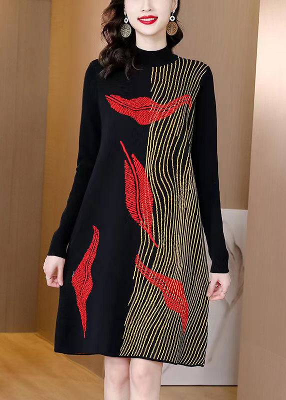 Black Asymmetrical Cozy Cotton Knit Mid Dress Winter