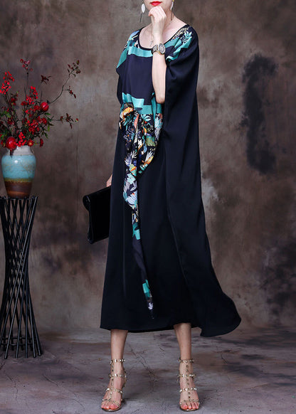 Black Asymmetrical Design Print Chiffon Dress Batwing Sleeve