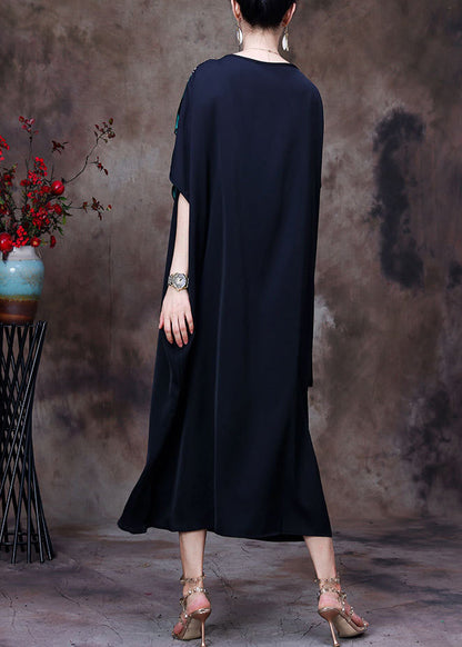 Black Asymmetrical Design Print Chiffon Dress Batwing Sleeve