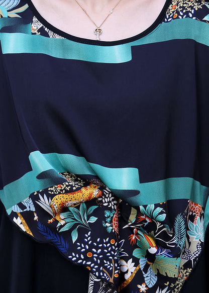 Black Asymmetrical Design Print Chiffon Dress Batwing Sleeve