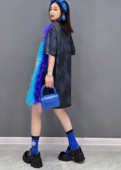 Black Asymmetrical Design Tulle Patchwork Print Dress Short Sleeve