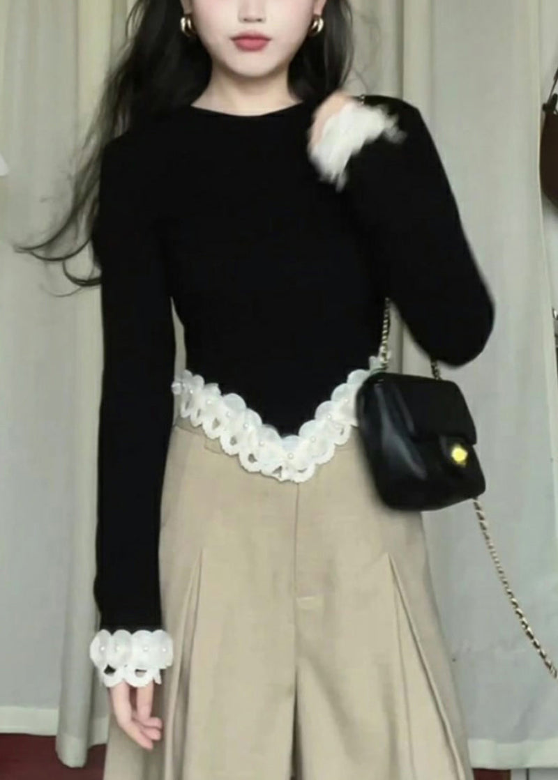 Black Asymmetrical Lace Patchwork Knit Sweaters Long Sleeve