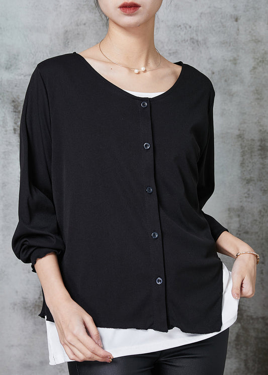 Black Asymmetrical Patchwork Cotton Sweatshirts Top Spring
