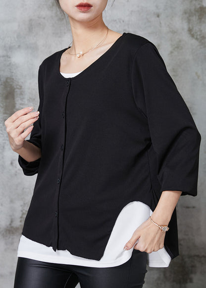 Black Asymmetrical Patchwork Cotton Sweatshirts Top Spring