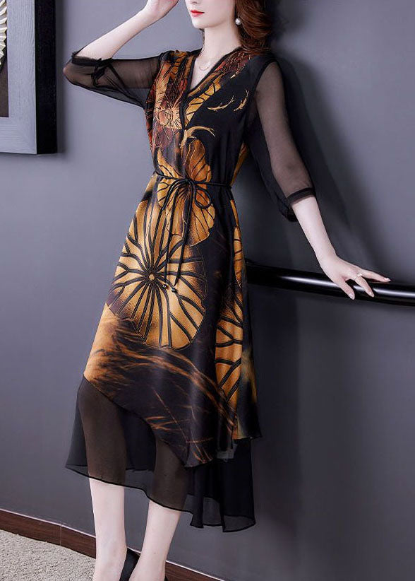 Black Asymmetrical Patchwork Print Silk Dress Summer