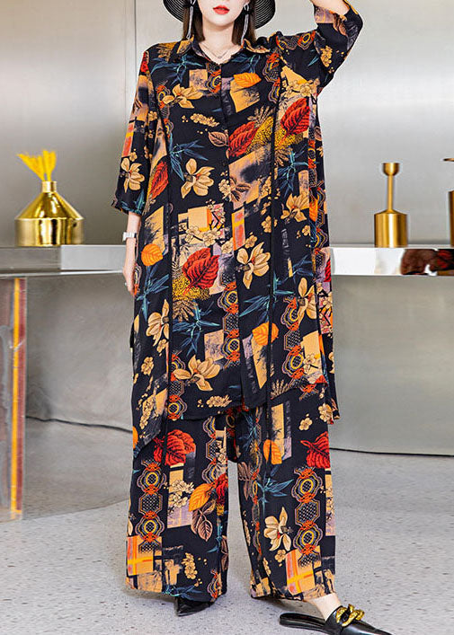 Black Asymmetrical Print Silk Shirts Wide Leg Pants Two Pieces Set Spring