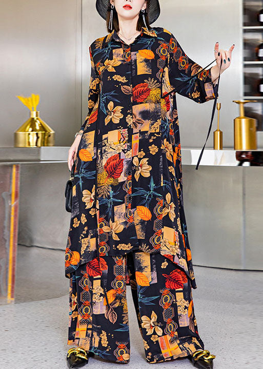 Black Asymmetrical Print Silk Shirts Wide Leg Pants Two Pieces Set Spring