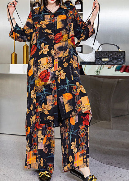 Black Asymmetrical Print Silk Shirts Wide Leg Pants Two Pieces Set Spring
