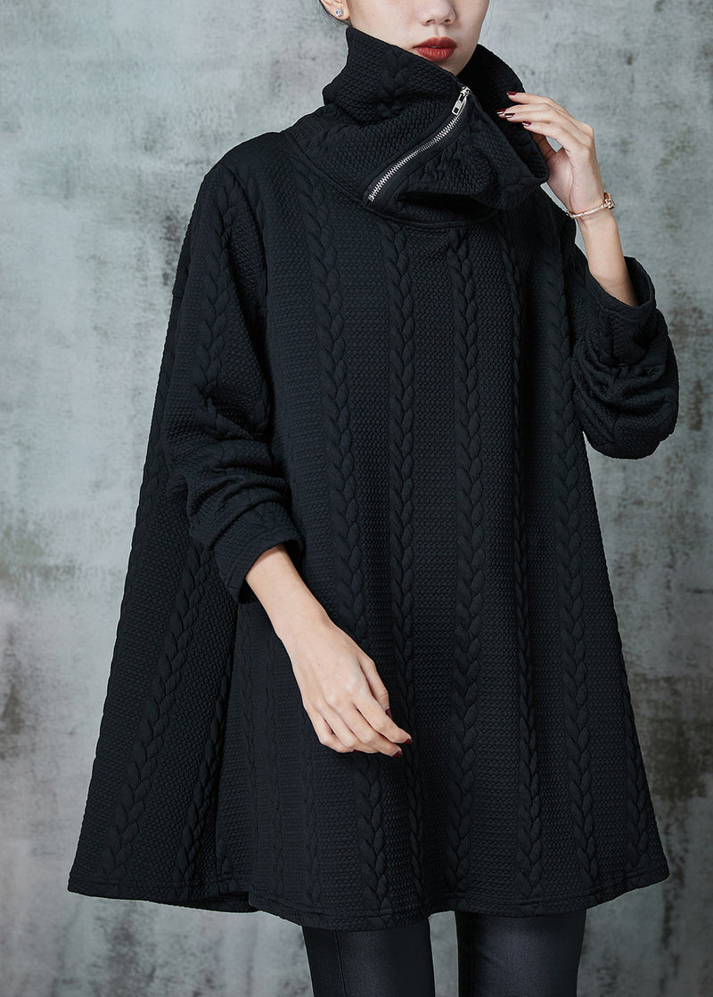 Black Asymmetrical Zippered Knit Sweatshirt Spring