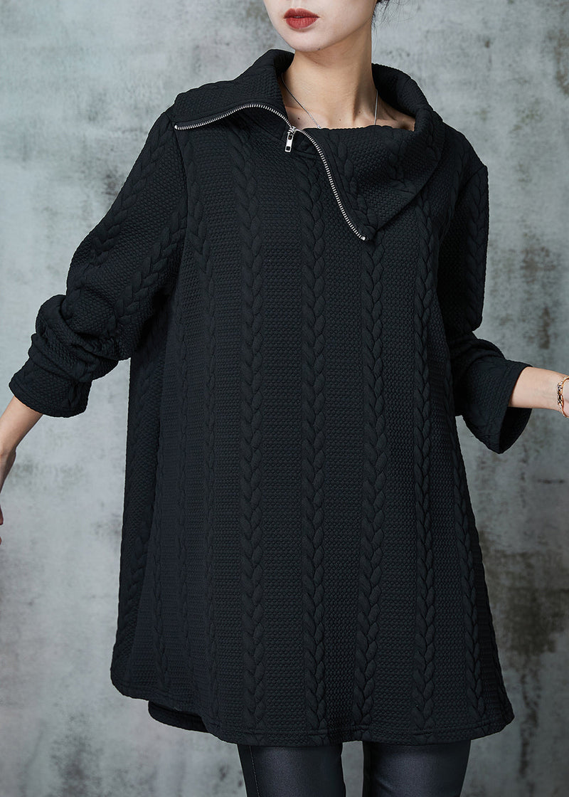 Black Asymmetrical Zippered Knit Sweatshirt Spring