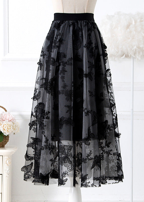 Black Butterfly Elastic Waist Tulle a Line Skirts Spring