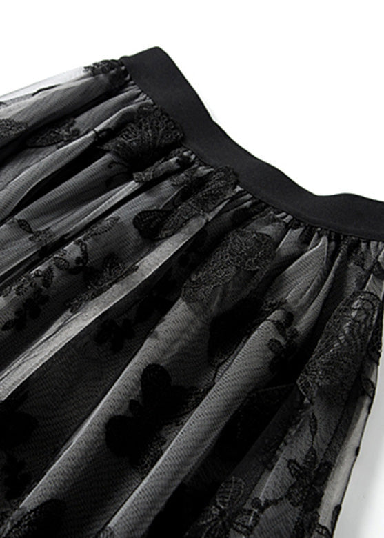 Black Butterfly Elastic Waist Tulle a Line Skirts Spring