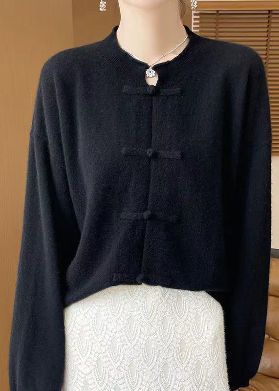 Black Button Woolen Knit Coats Fall