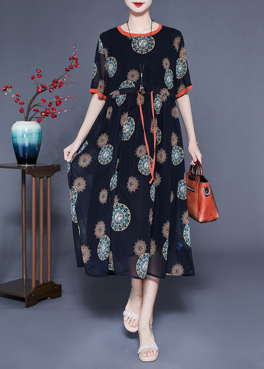 Black Cinched Print Chiffon Long Dress Summer