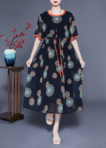 Black Cinched Print Chiffon Long Dress Summer