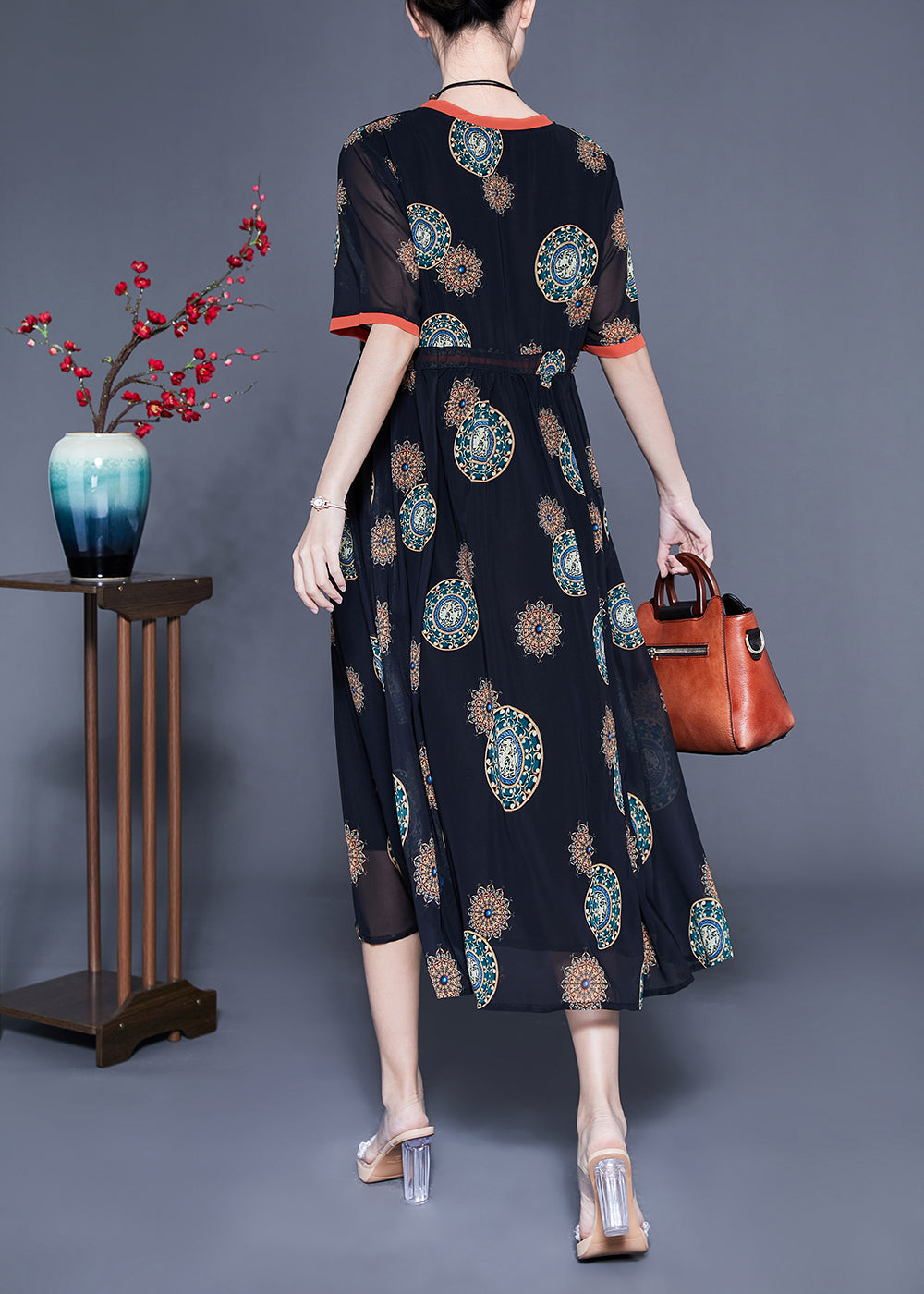 Black Cinched Print Chiffon Long Dress Summer