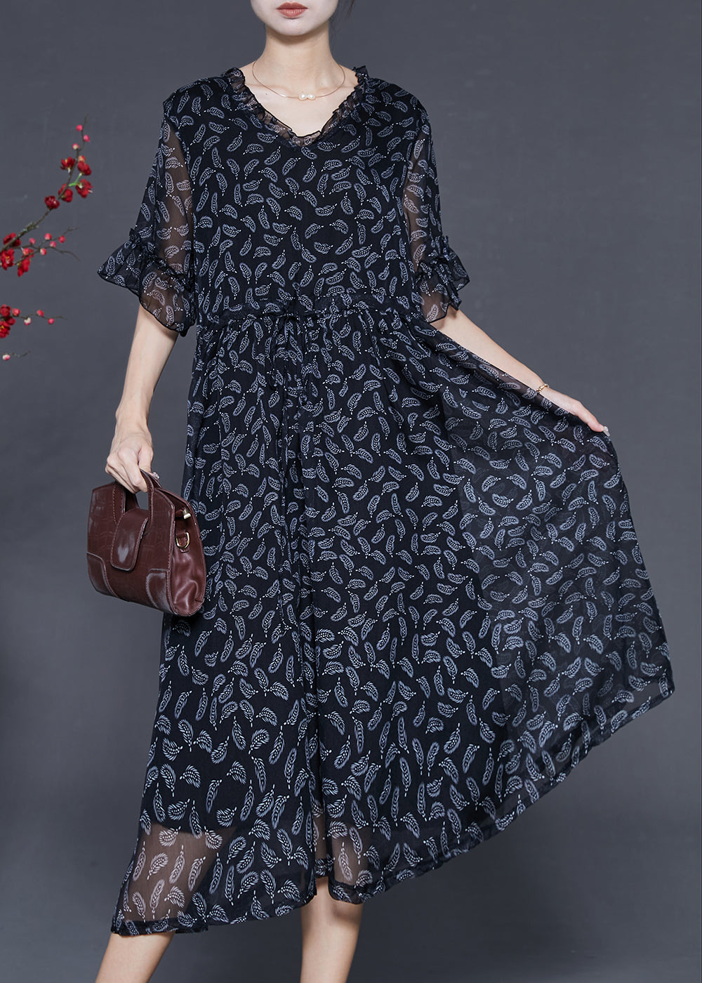 Black Cinched Print Chiffon Long Dresses Summer